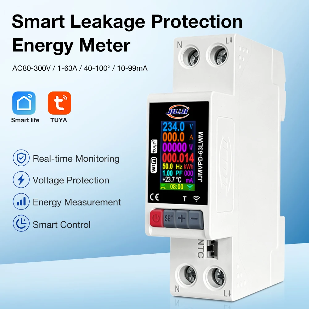 Tuya WiFi 63A Energy Meter 8 In 1 Leakage Protection Circuit Breaker Din Rail Power Meter Voltage Current Temperature Protector