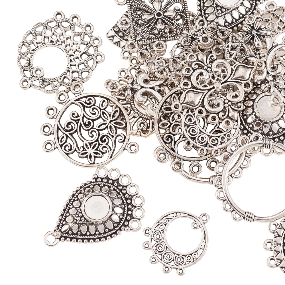 60pcs Mixed Styles Chandelier Charms Vintage Flower Shape Tibetan Connectors Antique Silver Filigree for Jewelry Making Earrings
