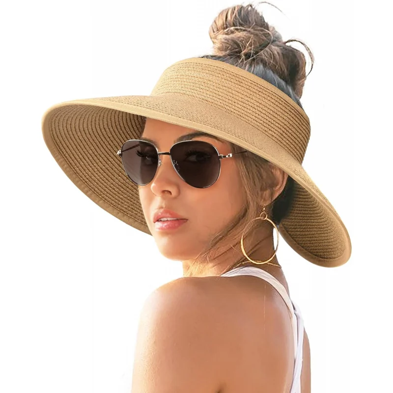 

New women's sun hat wide brim straw curly ponytail summer beach hat foldable travel