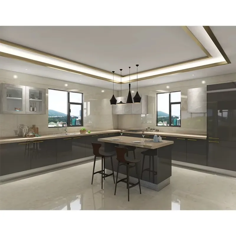 Modern Gray Color Glossy Mdf Wood Kitchen Cabinets Designs Full Set High Gloss Grey Finish Lacquer Kitchen Cabinet