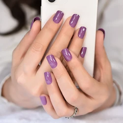 24pcs/Set Solid Purple Acrylic Press On Fake Nails Square Medium Mirror Glossy Pure Color Fingernails Manicure Art Tips Daily