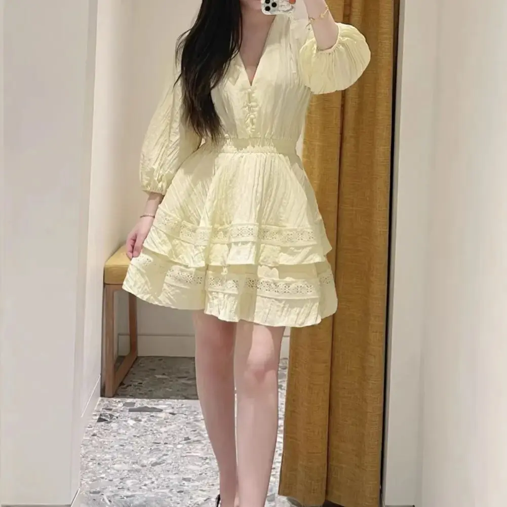 

Women V-Neck Lace Long Lantern Sleeve Solid Dress Elastic Hign Waist Singel-Breasted Elegant Spring/Summer Mini Skirt