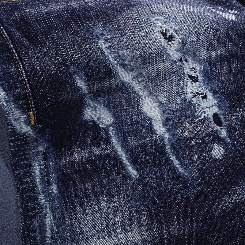 Fashionable men's dark blue jeans, washed with nostalgia, stretch, slim fit, painted jeans, designer high street hip-hop brand p