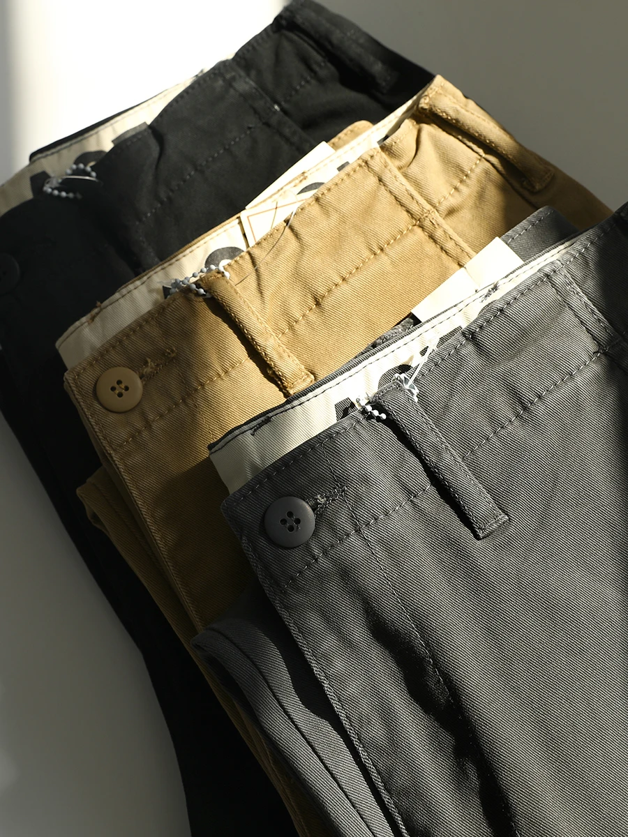 Pantalones informales de pierna recta de lona pesada Retro americano para hombre, pantalones caqui ajustados, pantalones de sarga sueltos de alta calidad para primavera