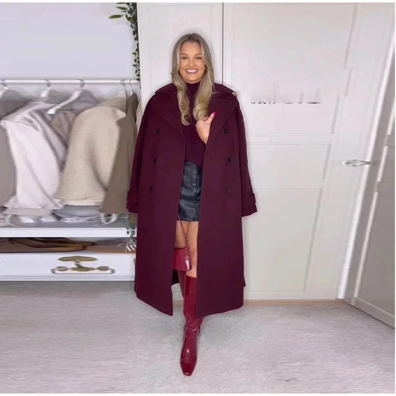 Elegante cappotto monopetto con colletto rovesciato bordeaux da donna, giacca maglione casual a maniche lunghe, nuovo capispalla da donna autunno inverno