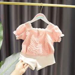 Summer Baby Girls Clothing Set Toddler Fashionable Plaid Shirt Shorts Princess Cute Suit 2Pcs Infant Girls Clothes Set