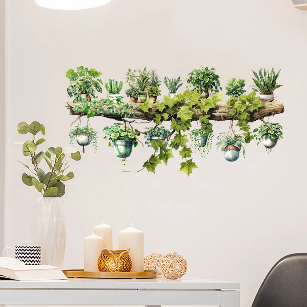 Vite verde foglie di aneto fiore appeso cestino adesivi murali camera da letto sala da pranzo soggiorno cucina pianta verde decorazioni per la casa adesivi murali