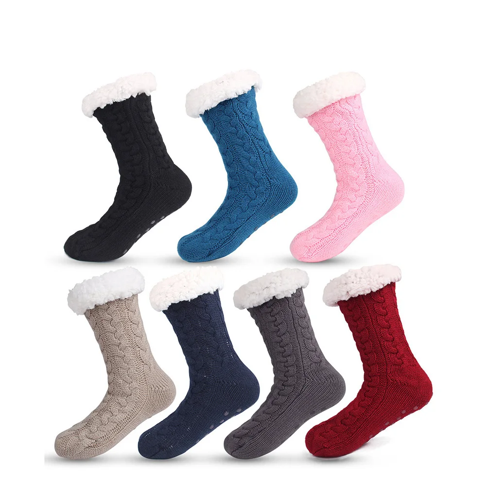 Hausschuh-Socken für Damen, rutschfeste Bodensocken, flauschige, gemütliche, mit Fleece gefütterte Wintersocken, Thermo-Schlafsocken mit Griffen
