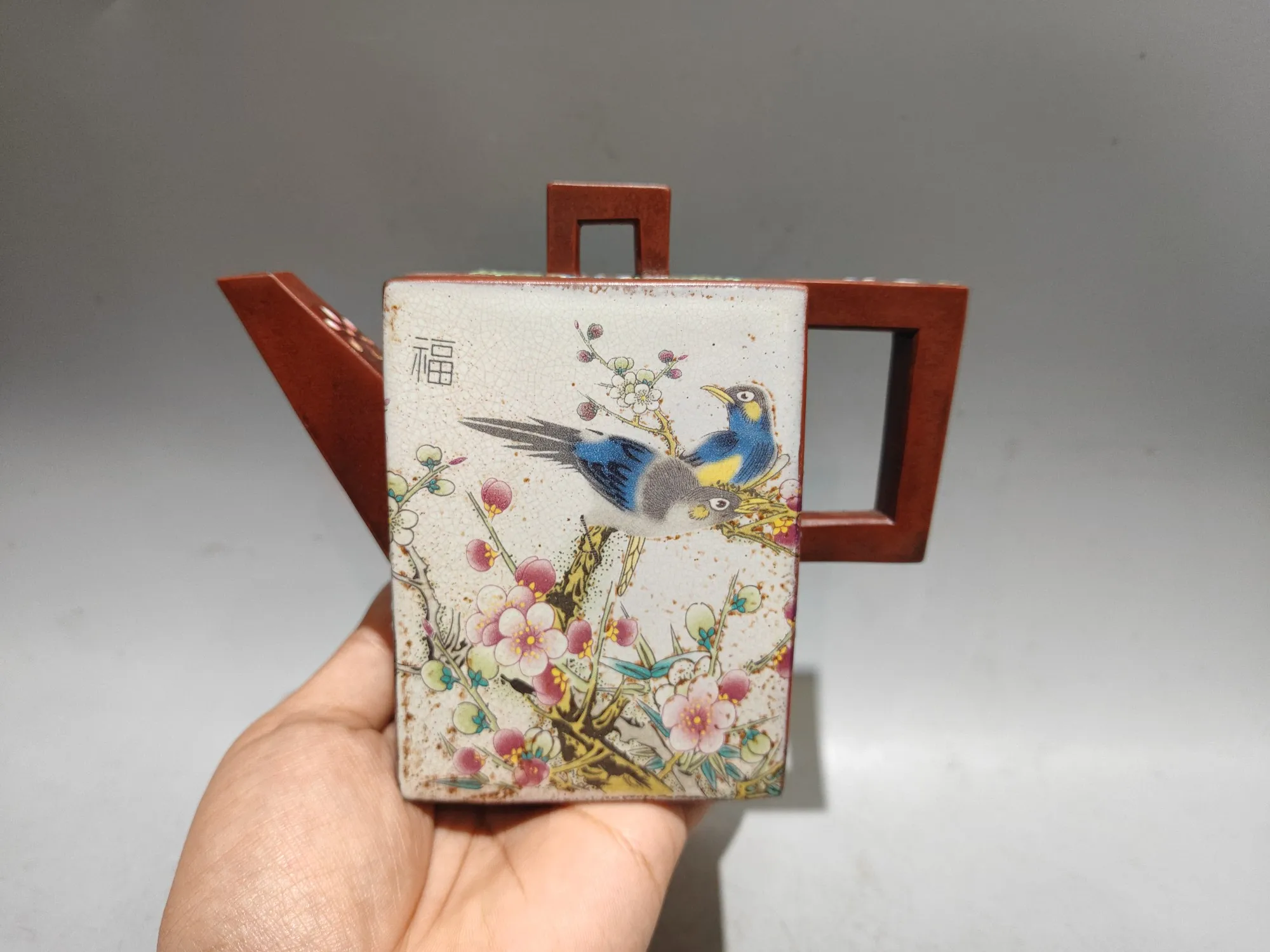 Yixing Purple Clay Teapot Painted Magpie and Plum Blossom Pattern Four sided teapot 2 cups Teapot Pot Tea Maker  Ornaments