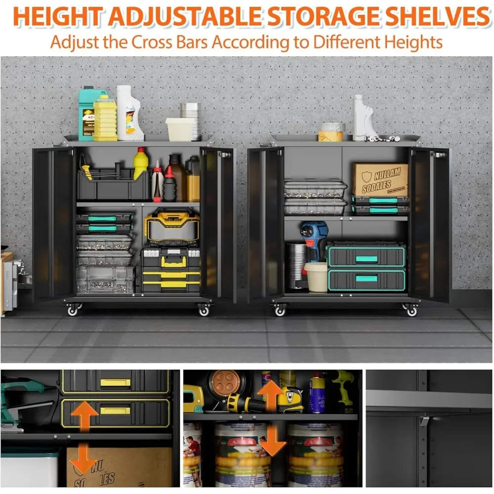 "31.5" Rolling Garage Cabinet - Metal Tool Storage w/Pegboard, 4 Hooks for Home & Workshop Assembly"​