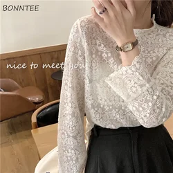 Blouses Women Elegant Long Sleeve See-through 3XL Stand Collar Lace All-match Feminino Soft Chic Korean Style Sexy Kawaii Design