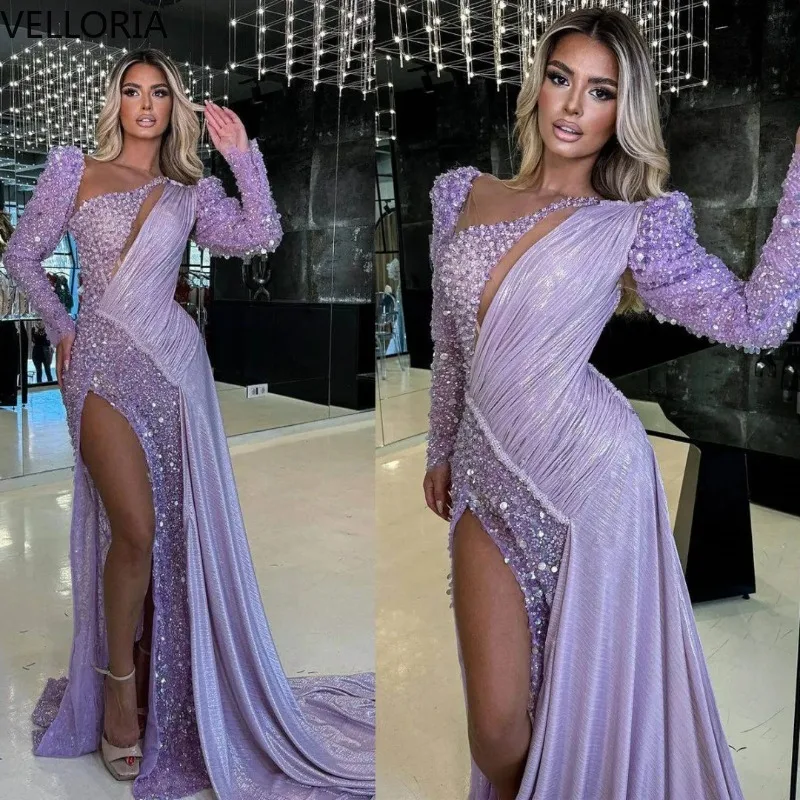 

Luxury Beaded Crystal Evening Dresses 2025 One Sleeve High Slit Mermaid Prom Gowns Asymmetric Celebrity Pageant Dress Customized