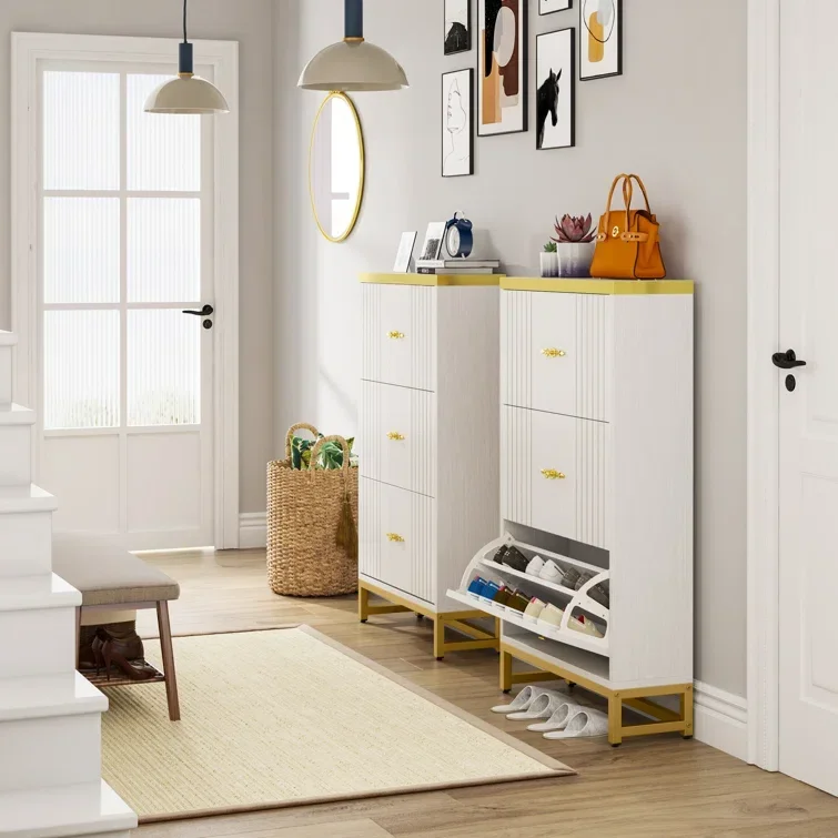 Traditional Entryway Cabinet with 3 Flip-Drawers Rectangle Shoe Rack Shoe Storage Cupboard Organizer Hallway Racks Organizer