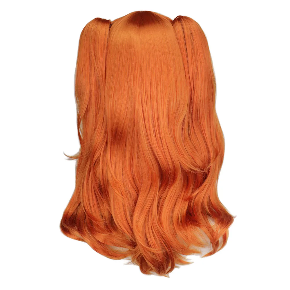 Orange Wig with Pigtails Cosplay Wig + Hairpin Anime Pigtails Womens Long Straight 2 Ponytails Halloween Hair Wig