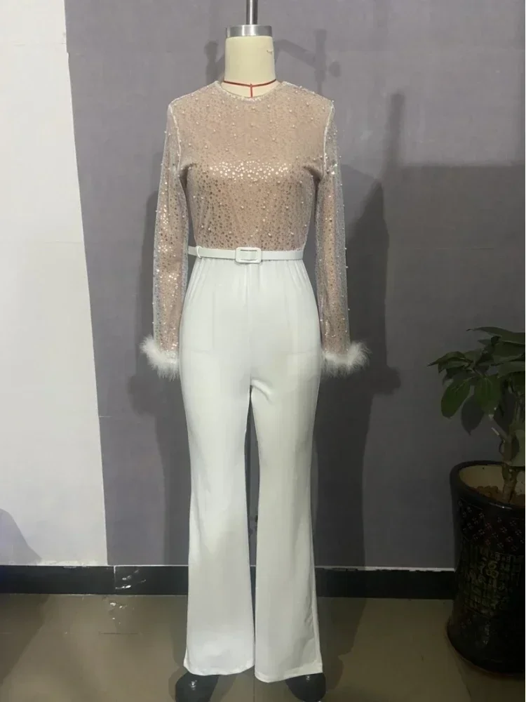 Lugentolo Elegant White Jumpsuit Women Slim Fit Straight Sequins Feather Stitching Long Sleeves Sexy Bodycon Jumpsuits