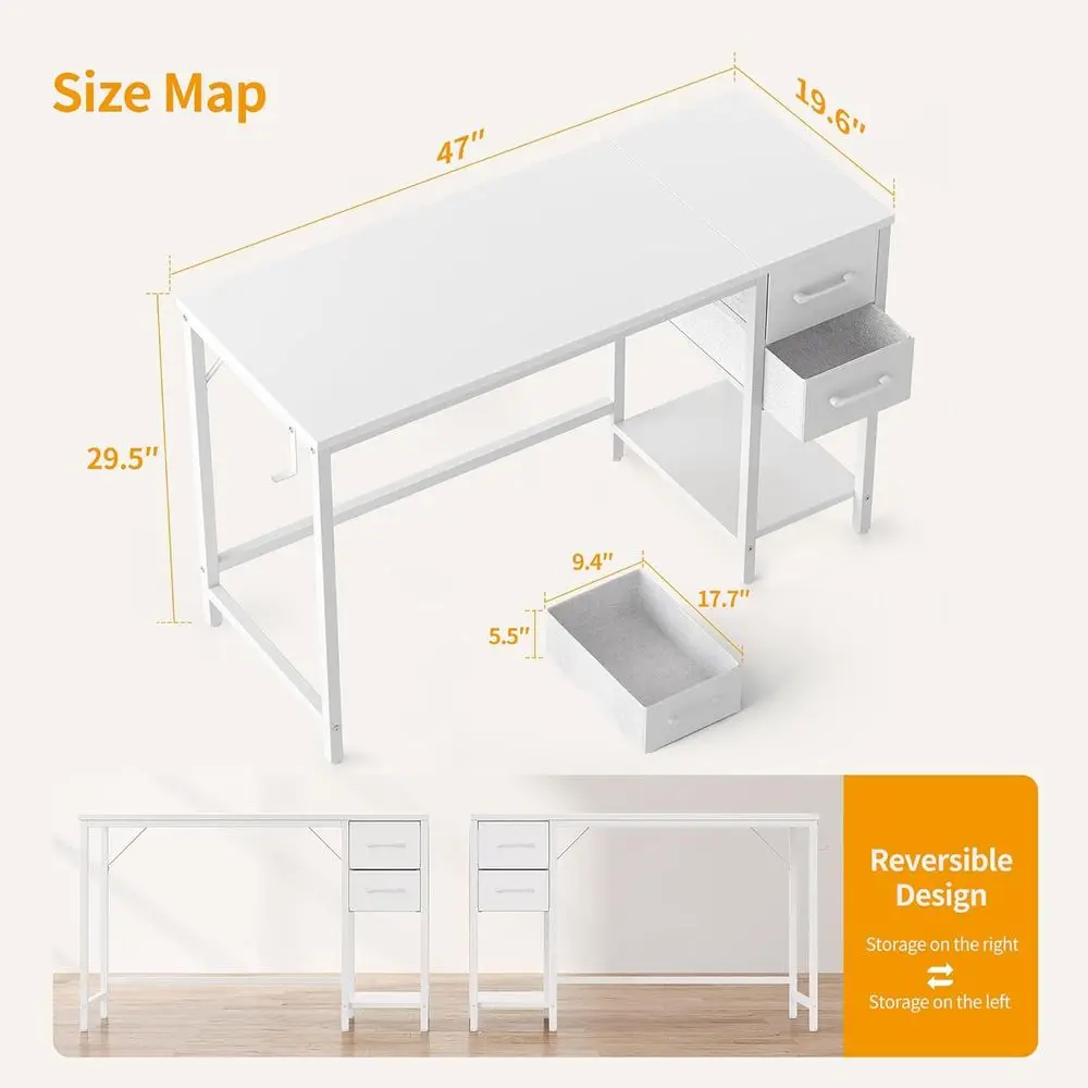 47 مكتب مكتب منزلي أبيض نقي مع درجين للدراسة والتخزين