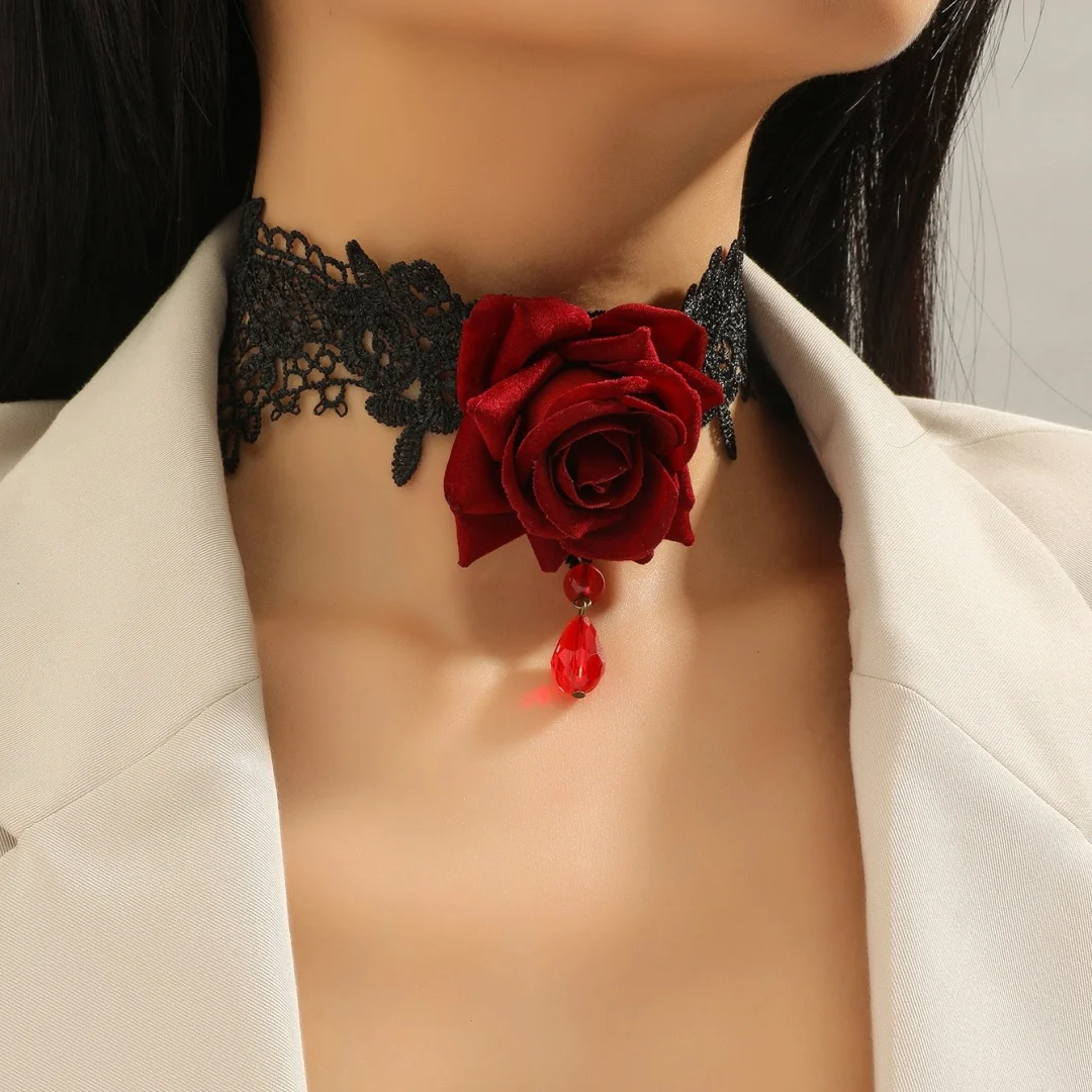 

DUTRIEUX Neo-Gothic Red Rose Lace Floral Necklace Fashion Jewelry Niche Design Pure Handcraft Pendant Neckpiece Accessory Gifts