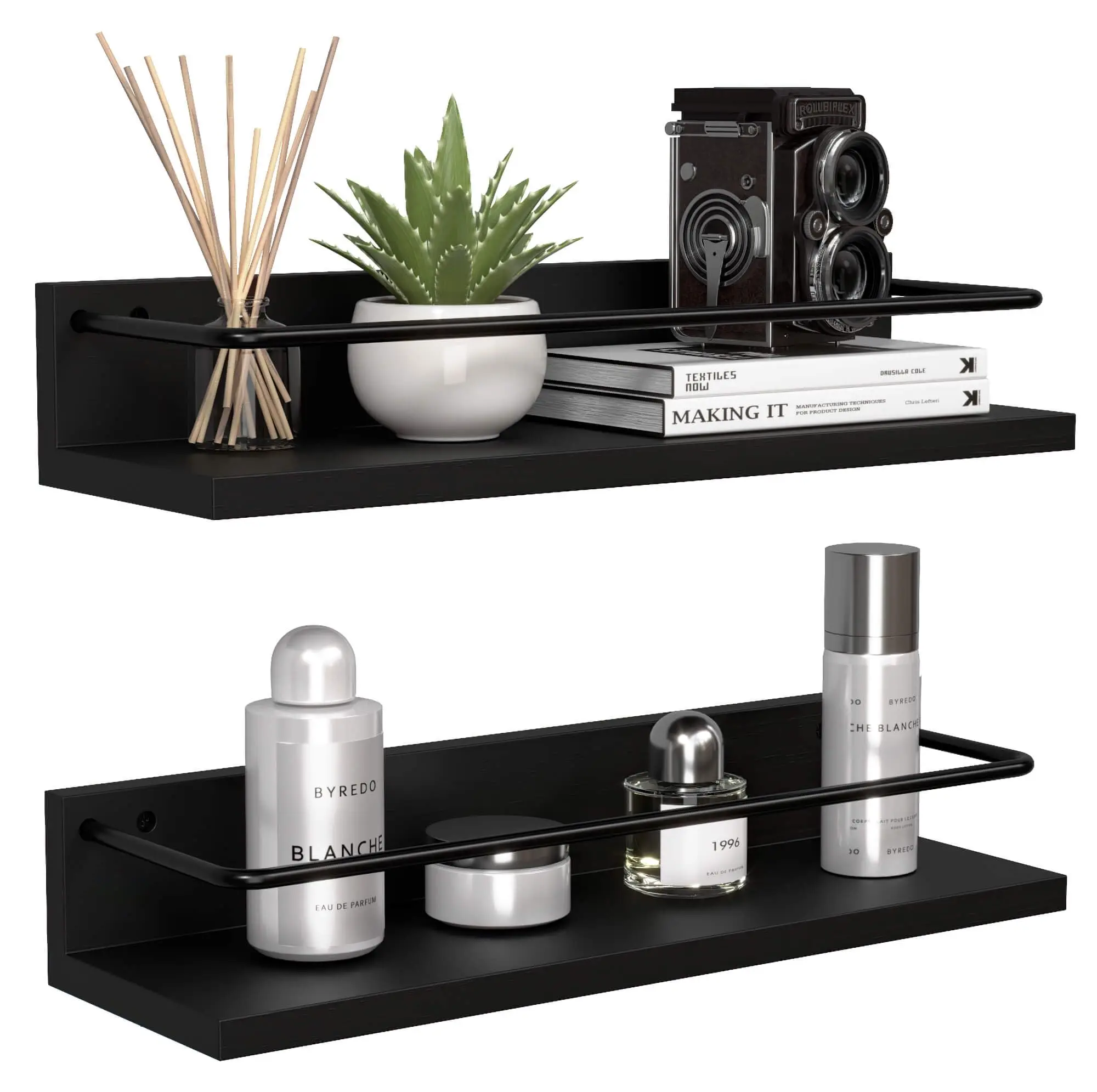 Floating Black Shelves with Metal Guardrail, Wall Mounted Shelf for Wall Decor Set of 2, Modern Bathroom Storage Shelves for Bat