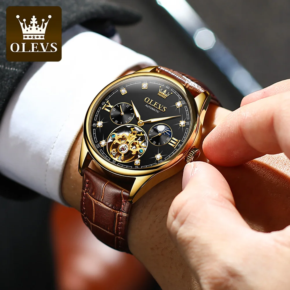 OLEVS 3601 Mens Watch Original Business Brand Mechanical Watch Waterproof Luminous Moon Phase Leather Strap Reloj Mens Gifts