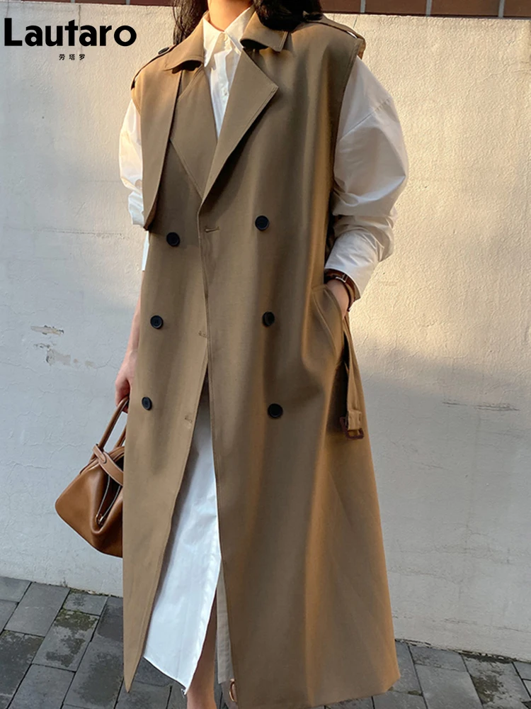 

Lautaro Spring Autumn Long Khaki Sleeveless Trench Coat for Women with Belt Double Breasted Loose Casual Vest 2023 New Arrivals