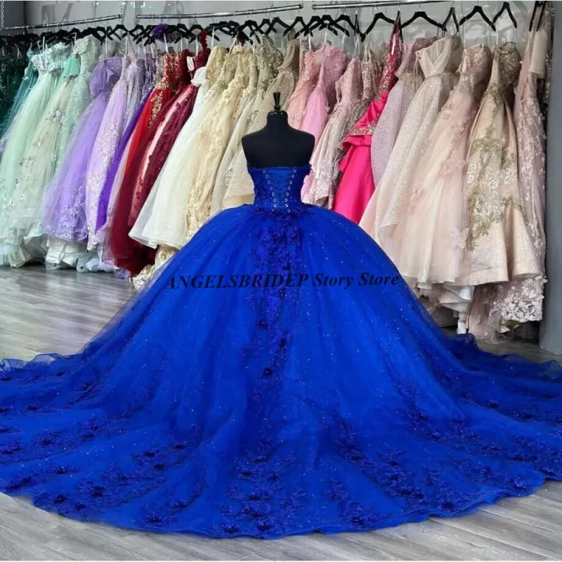 ANGELSBRIDEP-Vestidos Quinceanera Azul Royal, Applique Floral 3D, Sweep Train, espartilho de baile, querida mexicana, 15 anos