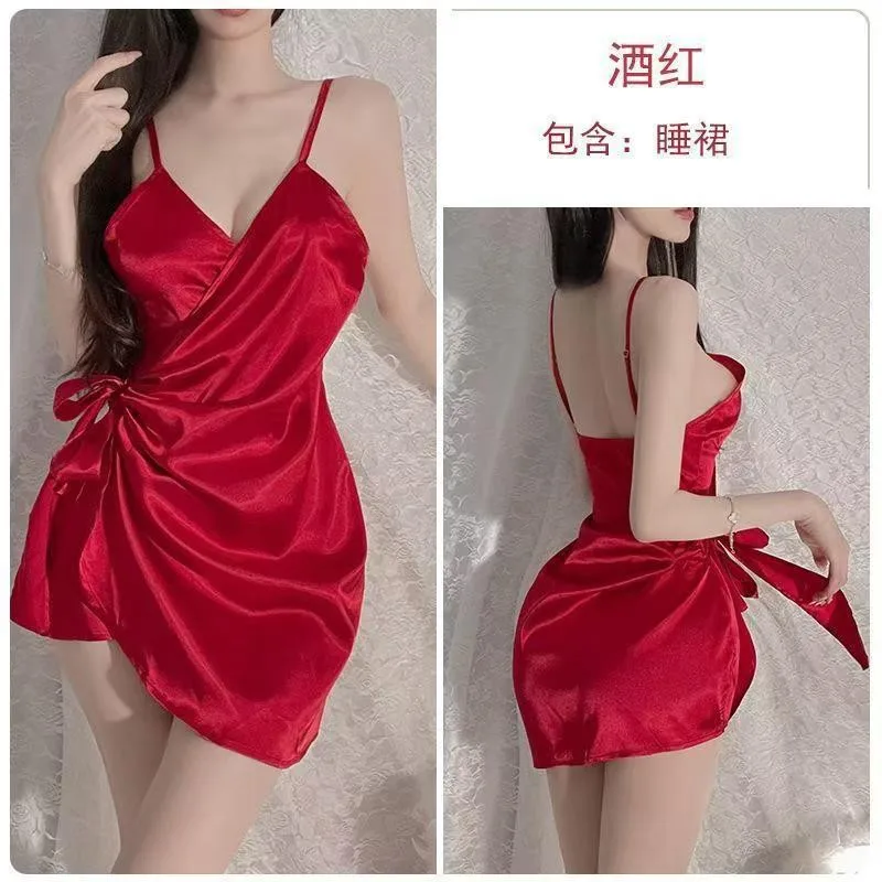 White Bow Mini Tank Dress Sweet Fashion Korean Women V Neck 2023 New Lingerie Uniform Ice Silk Robe Dress Elegant
