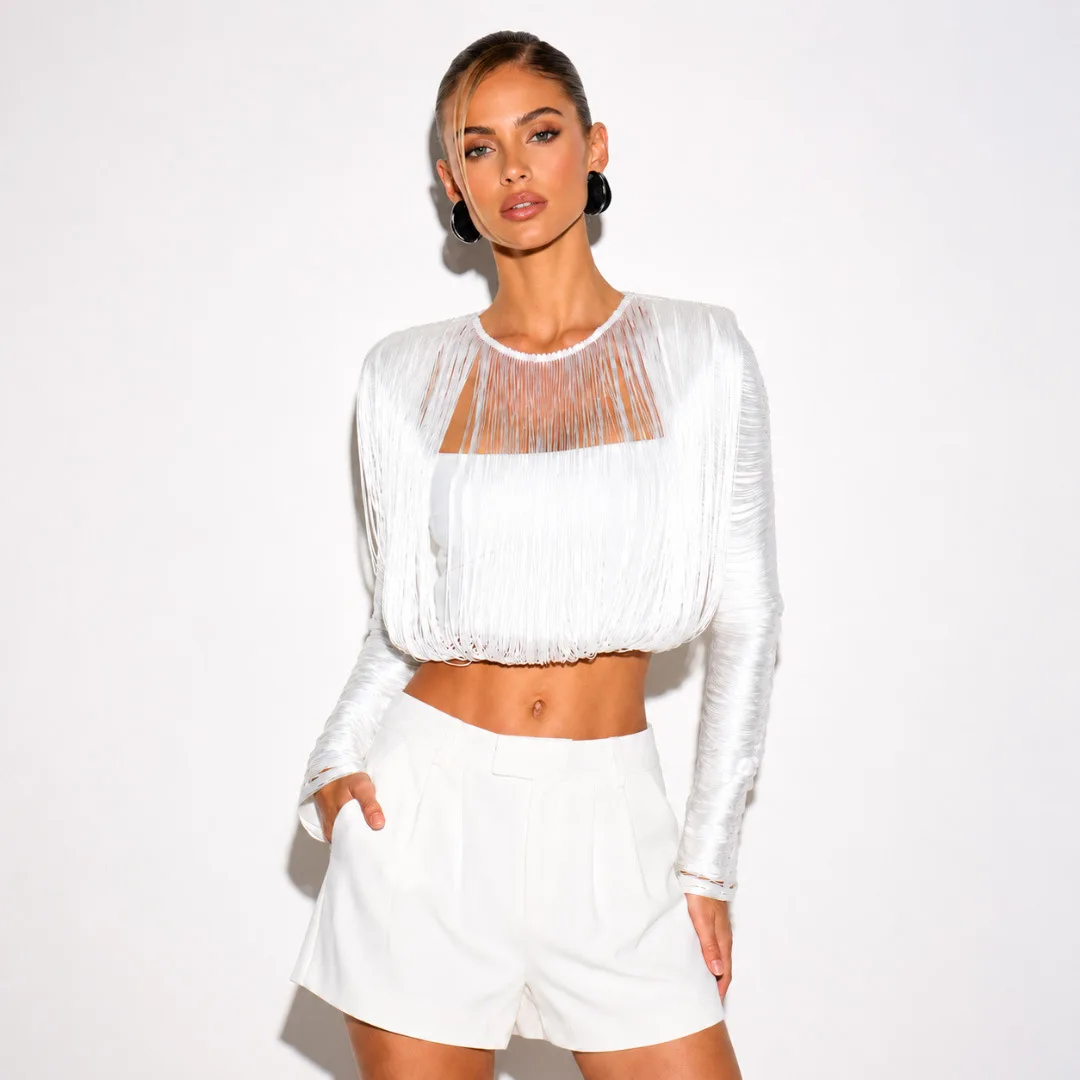 Chic Sexy White Long Sleeved Bandage Tassel Top Round Neck Hollow Out Design Short Tops Luxury Birthday Nightclub Cocktail Prom