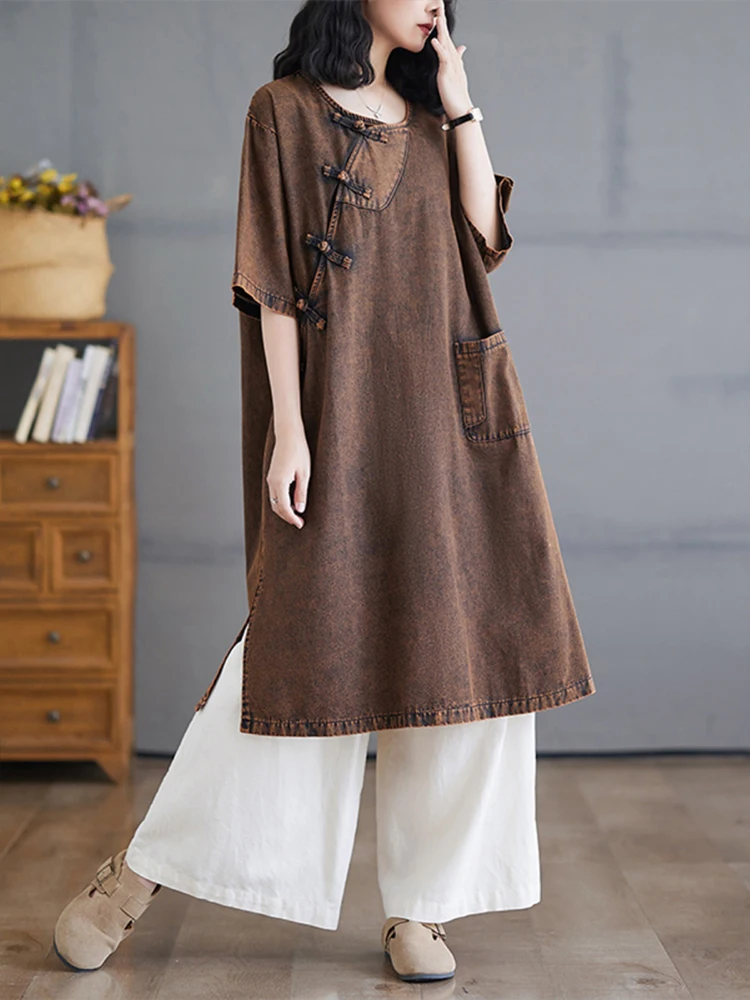 Amax luluE Chinese Spring Womens Vintage Denim Oversized Dresses Loose Casual Luxury O Neck Vestidos Ladies Classic Long Clothes