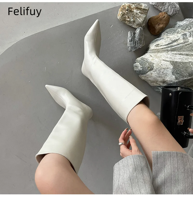   Blanco Otoño Invierno acogedor puntiagudo Mujer Botas hasta la rodilla negro Slip-On tacones bajos y finos zapatos De vaquero para Mujer Botas De Mujer