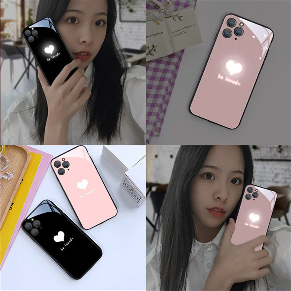 LED Light Up Luminous Case Tempered Glass Phone Back Glitter Cover Heart For iPhone 16 15 14 13 12 11 Pro Max Mini Xs Xr Plus SE