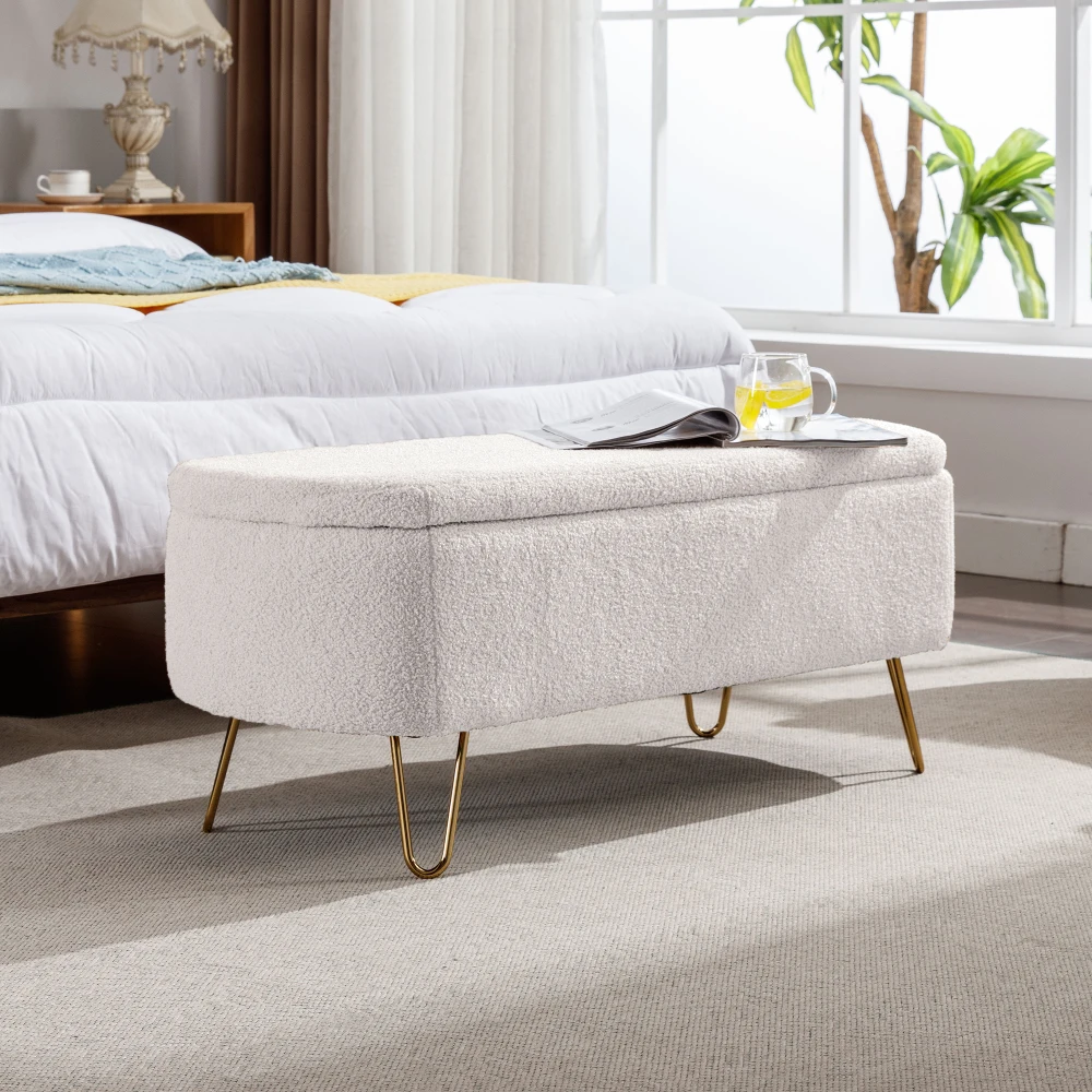 Ivory White Storage Ottoman Bench for End of Bed Gold Legs, Modern Ivory White Faux Fur Entryway Bench Upholstered Padded