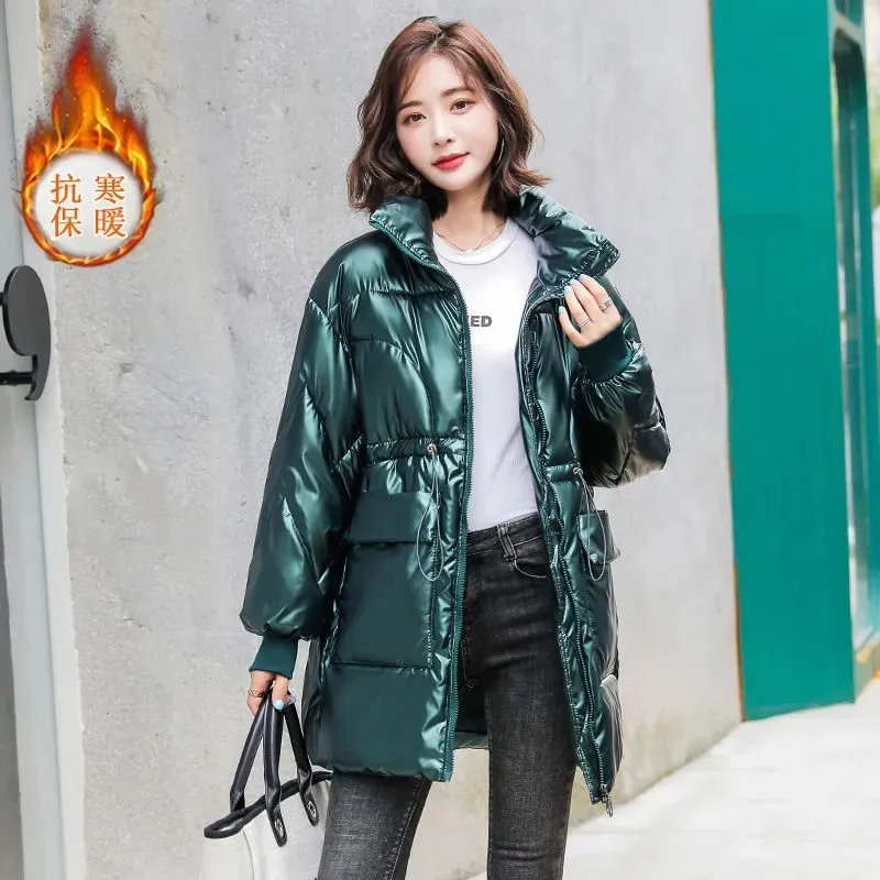 Winter New Glossy Waived Wash Down Cotton Clothes Women Mid-Length Cotton Coat Korean Version Loose Receive Waist Padded Jacket