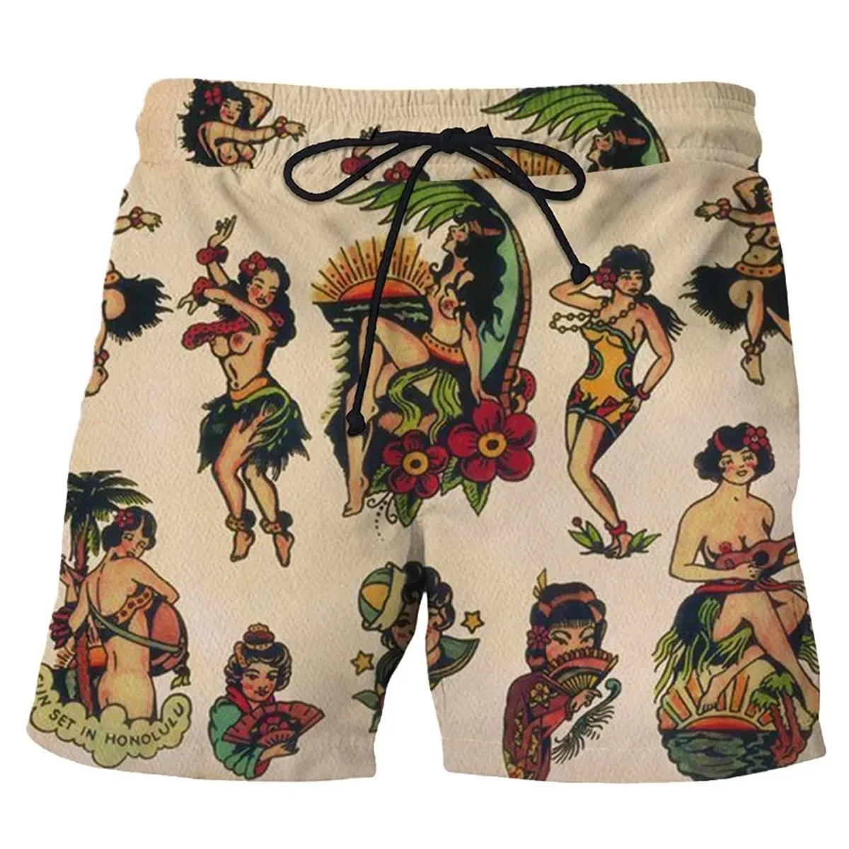 Shorts de banho retrô masculino com cordão – verão nova moda estampa férias praia havaí design micro elástico