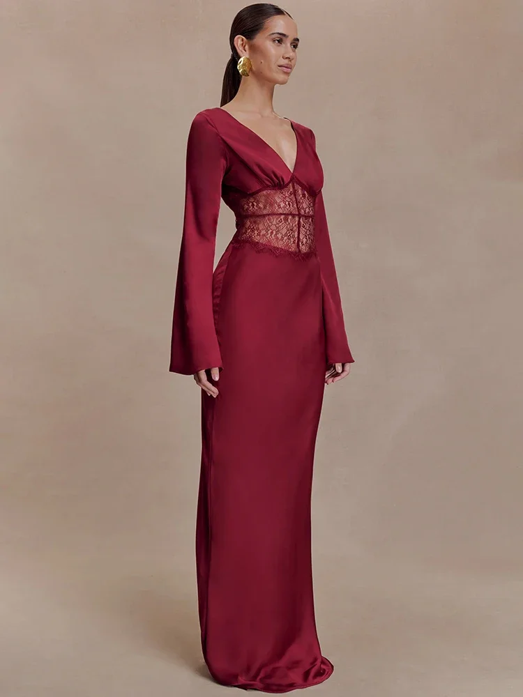 XIAOTANG Abito lungo sexy a maniche lunghe con scollo a V Abito da donna Elegante abito da festa in pizzo trasparente patchwork a vita alta aderente con spacco