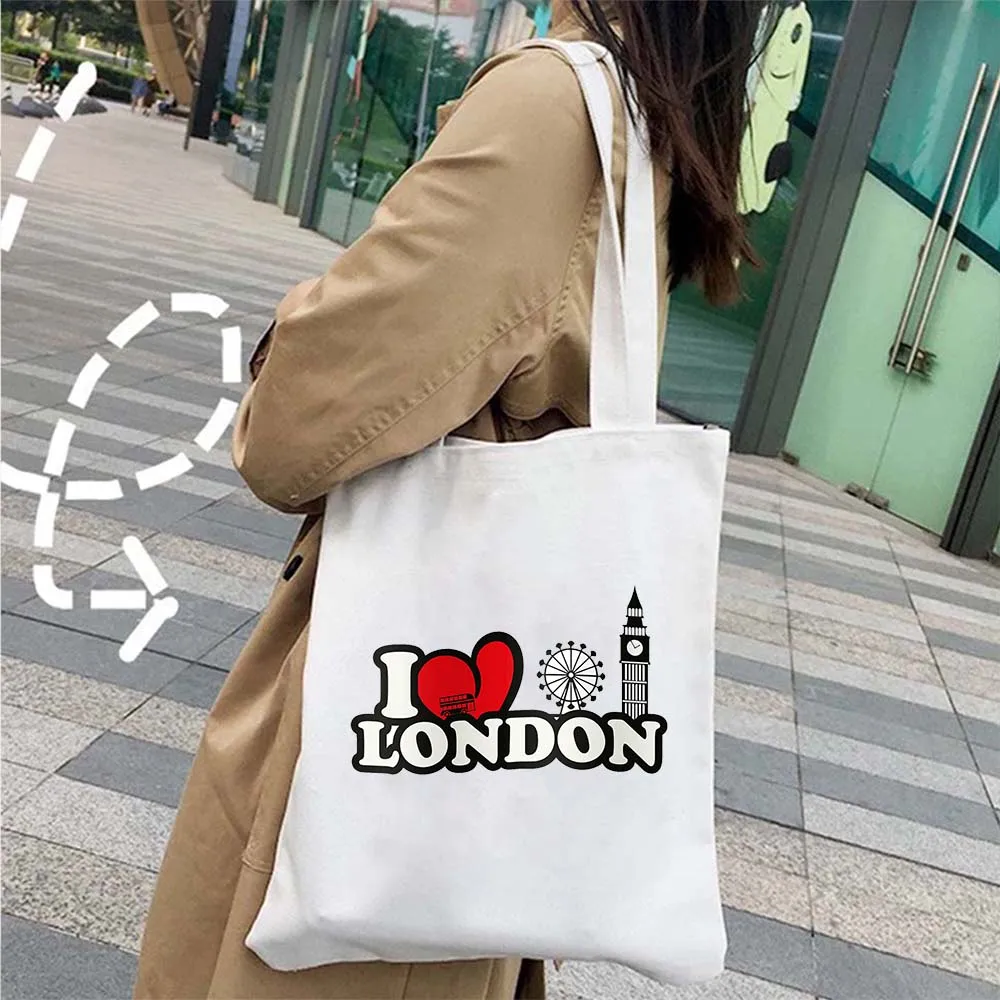 United Kingdom London England Flag Map Shopper Canvas Tote Bag Vintage Bus Big Ben Bridge Phone Booth Trip Travel Cotton Handbag