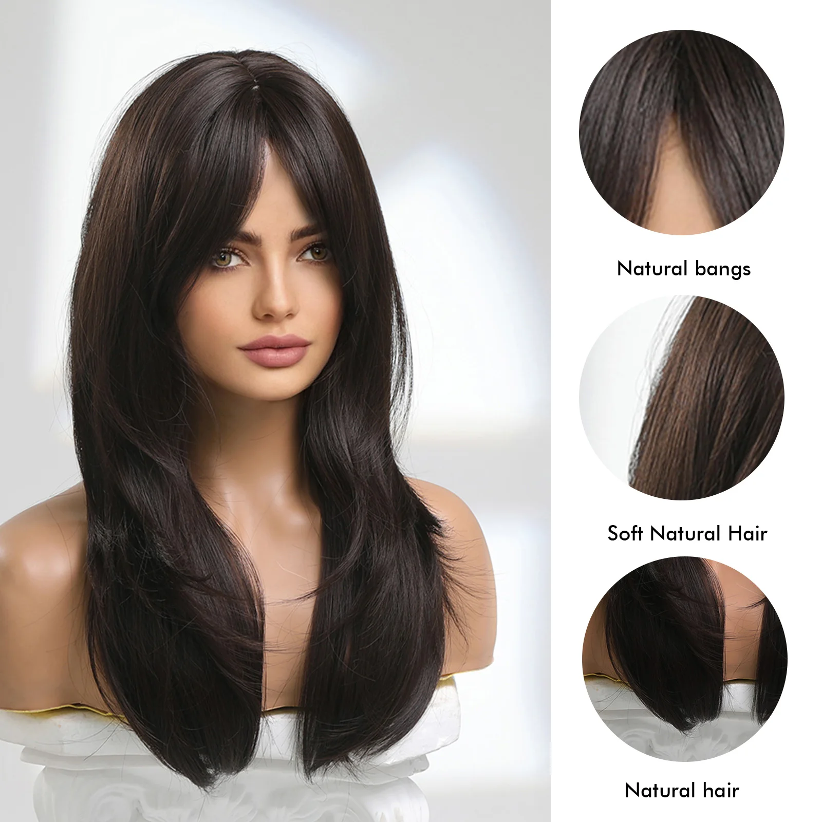 Medium Classic Synthetic Wigs Dark Brown Water Wavy Hair Wig with Side Bangs Daily Use for Women and Girls Heat Resistant