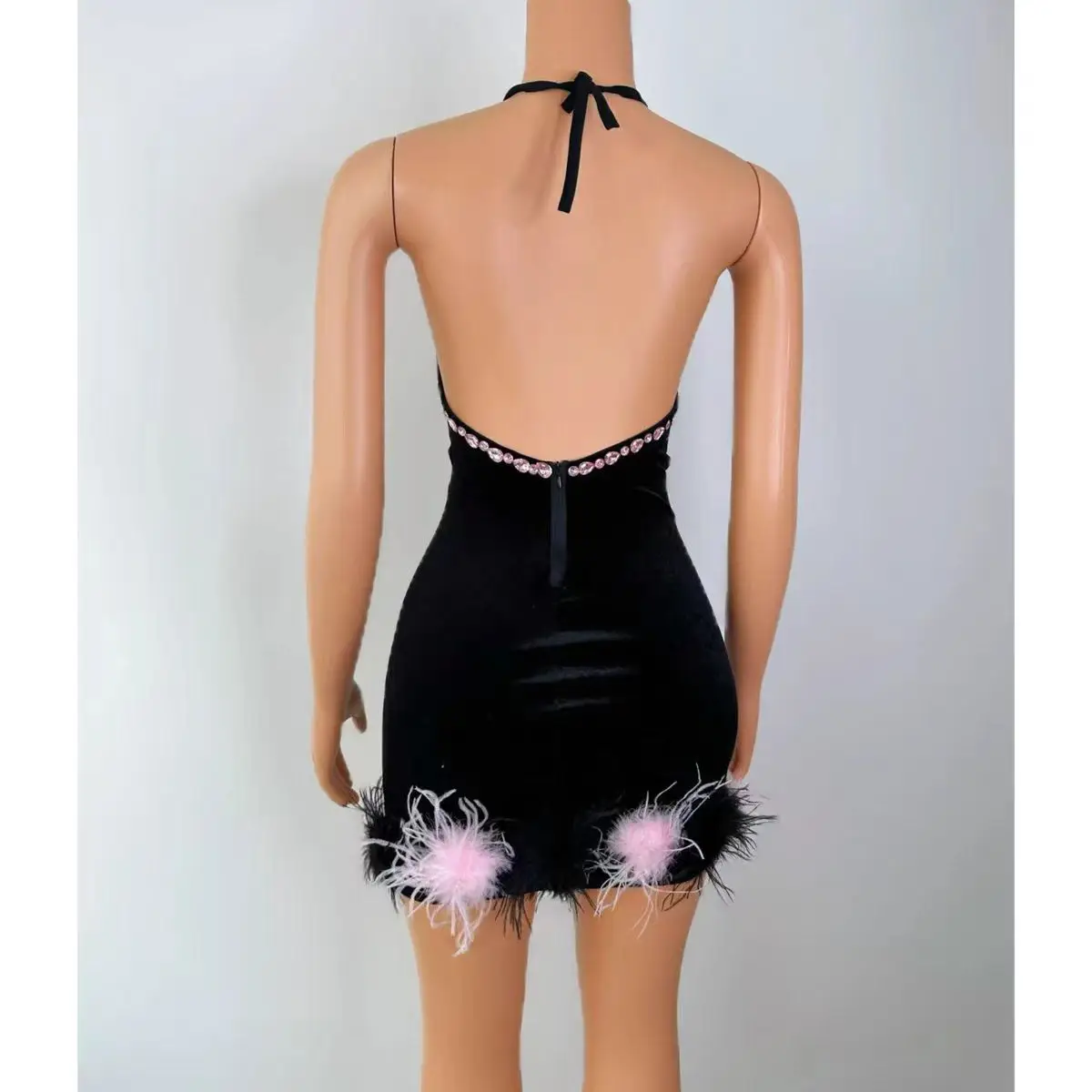 Bar DJ Nightclub Female Singer Stage Costume Sexy Fluffy Back Hanging Neck Short Skirt Dance Team Party Theme Show Clothing