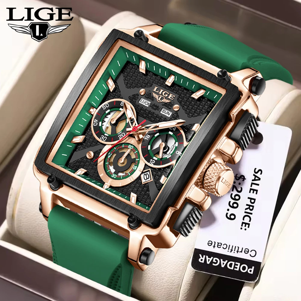 

LIGE модные спортивные мужские часы с большим циферблатом, уникальный прямоугольный полый дизайн, кварцевые наручные часы, мужские часы с хронографом и автоматической датой