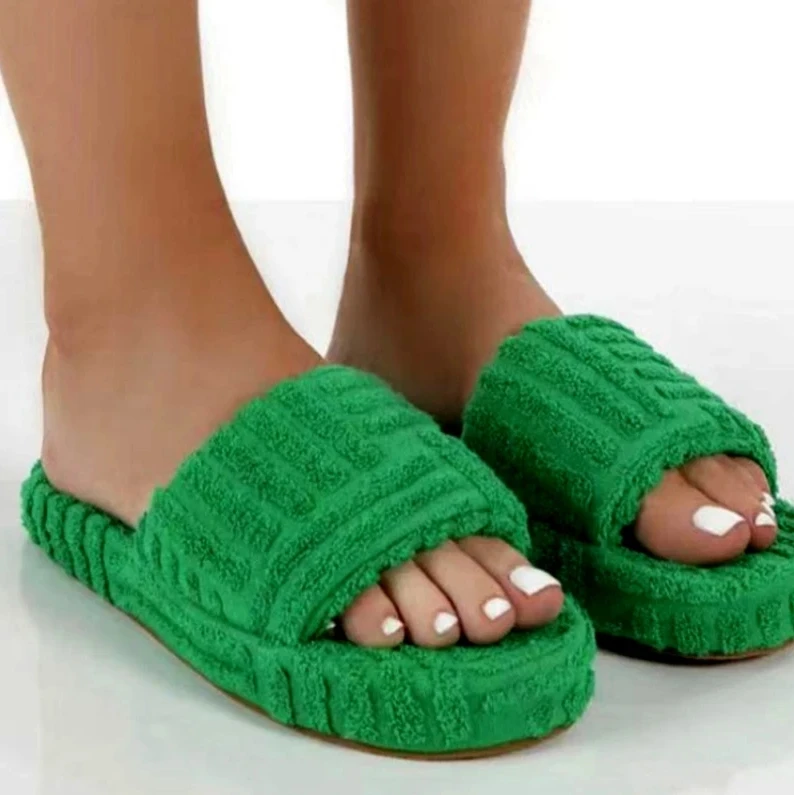 

Fashion Peep Toe Thick Sole Women Slippers Green Corduroy Flat Outwear Ladies Slides Summer Autumn Runway Flip Flops Women Shoes