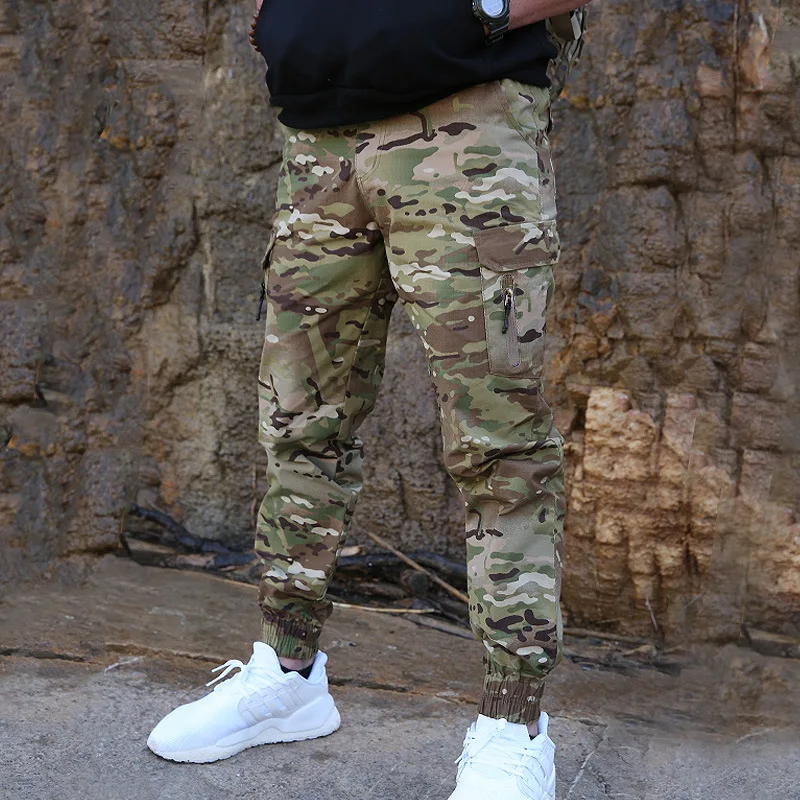 Men's Camouflage Cargo Pants Water-repellent Wear-resistant Slim Fit Ninth Trousers Outdoor Casual Elasticated Cuff Pants Male