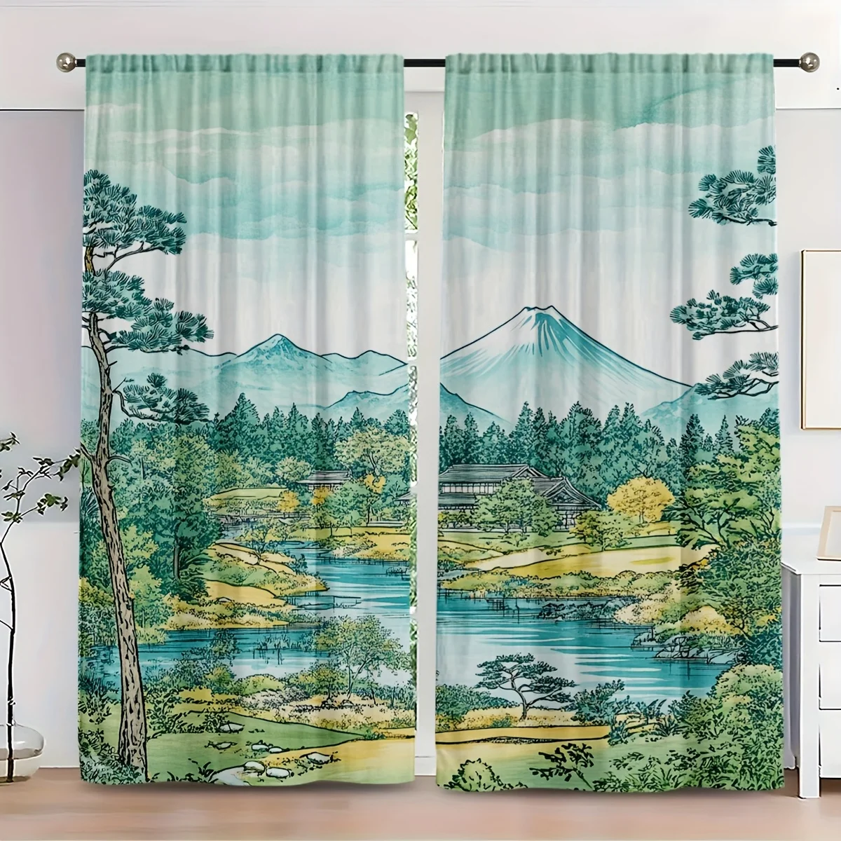 2pcs Japanese Style Landscape Curtains, Mountain River Forest Scenery with Fuji-like Peak, Nature View Blackout Drapes for
