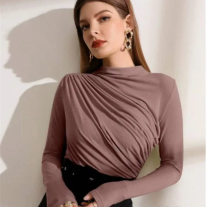 

Elegant Pullover Slim Fit Long Sleeved Top For Autumn Winter Versatile Fashion Pleated Solid Color Small High Neck T-shirt