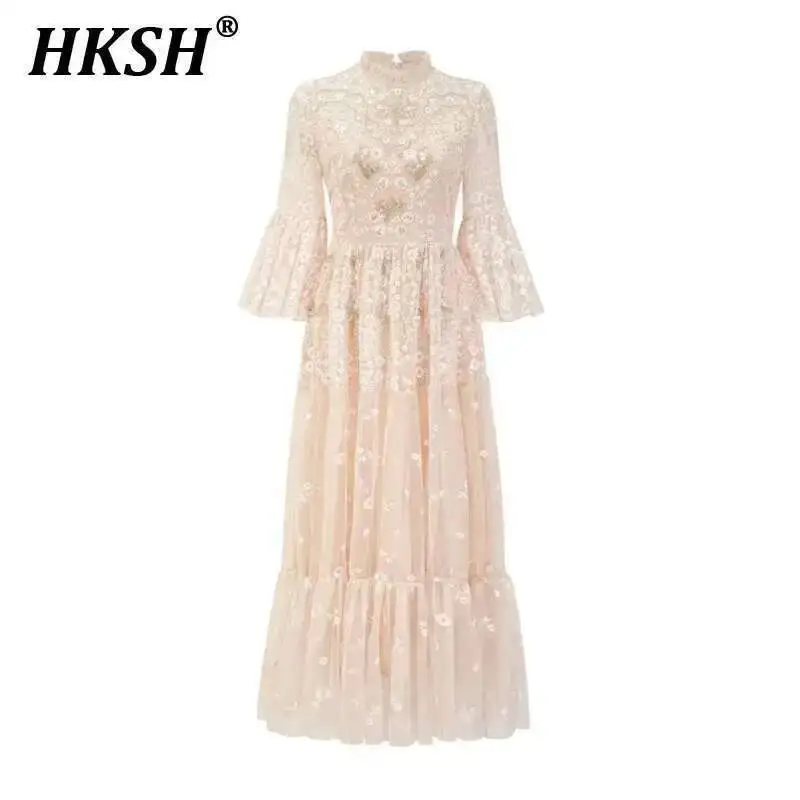 

HKSH Sprig Autumn Women Chic Elegant Y2K String Flower Mesh Embroidered Dress Flared Three Quarter Sleeve Long Skirt Gown HK4149