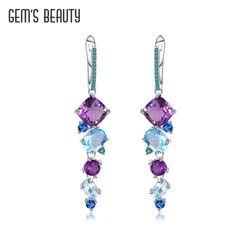 GEM'S BEAUTY Long Drop Multi Color Natural Topaz 925 Sterling Silver Earrings for Women Fashion Statement Wedding Party Jewelry
