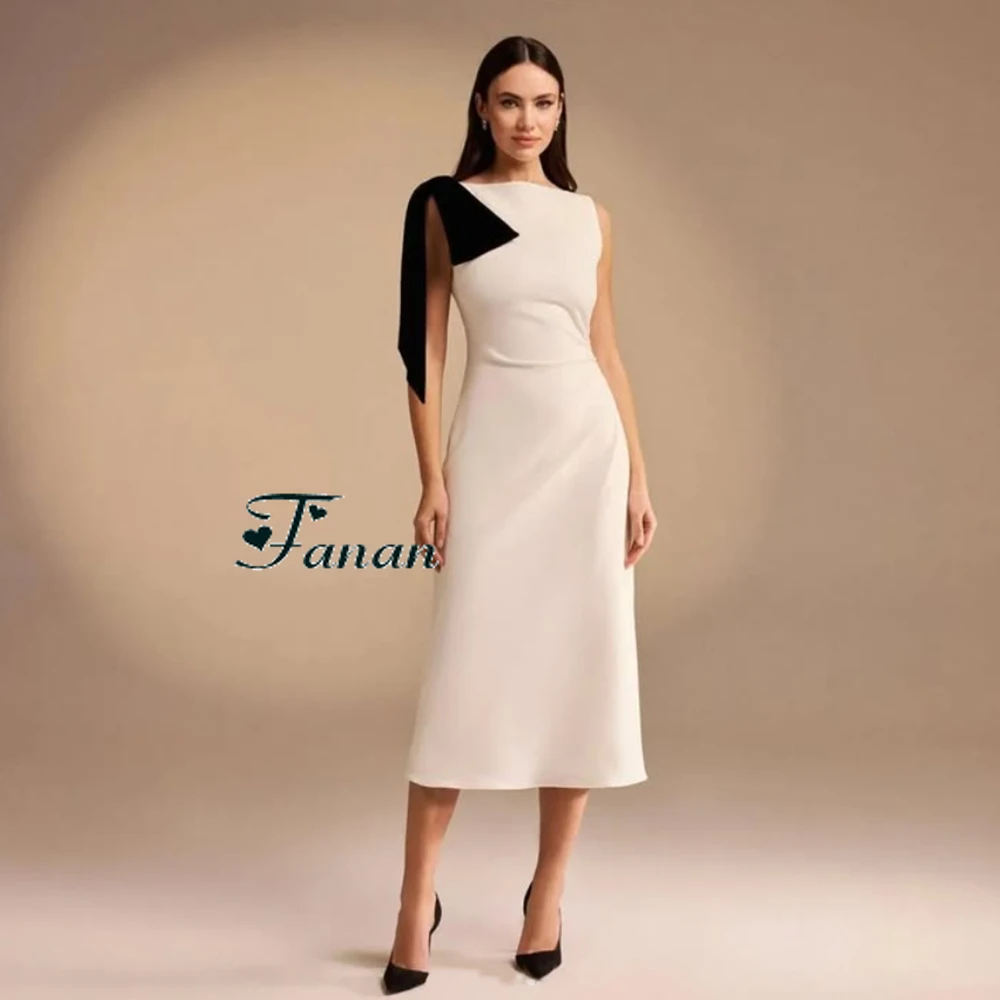 Customized White Jersey A-line O-neck Formal Evening Dress Contrast Color With Bow Sleeveless Tea-Length Party Prom Gowns
