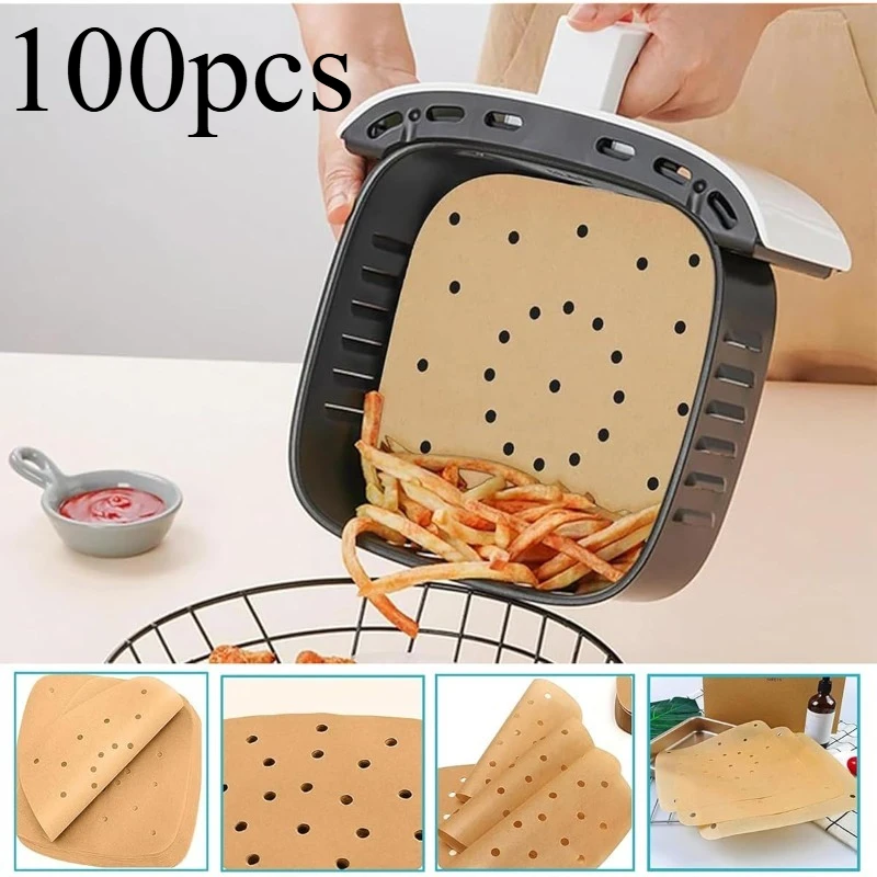 100pcs Air fryer non-stick paper liner - perforated and non-stick for the pan, round edges and corners,  evenly heated