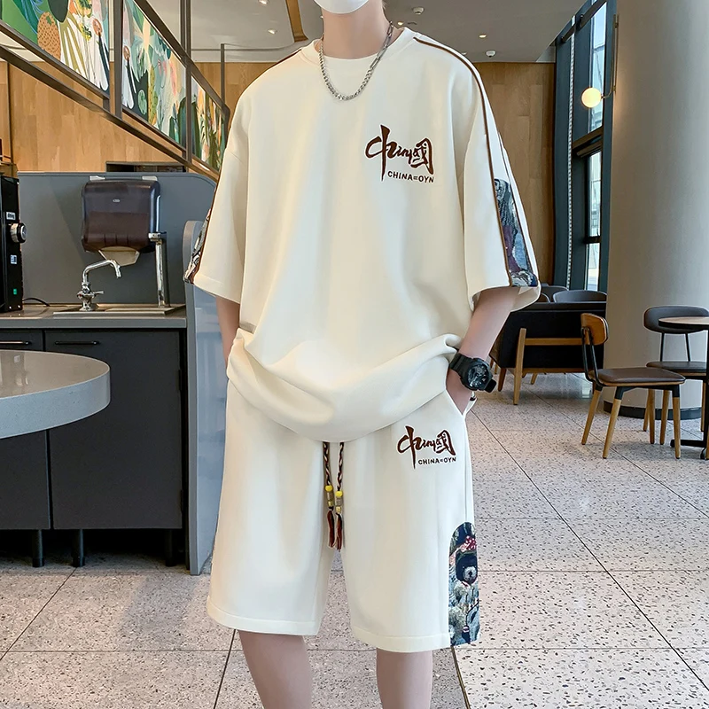 

New Chinese Sle Casual Sports Set Men Summer Trendy Ice Silk ort Sve orts Five-Quarter Length Polyester Fiber T-irt