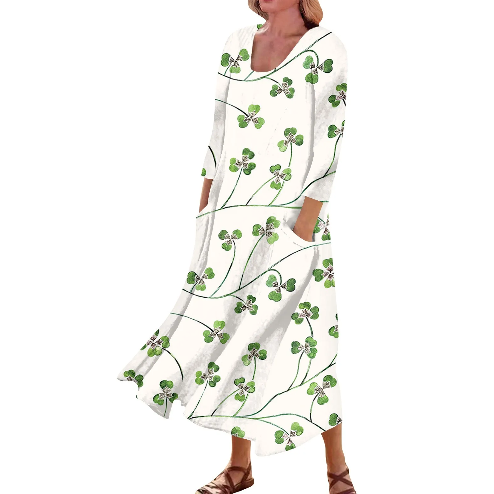 Vestido de São Patrício de manga comprida feminino, estampa trevos femininos, vestido de cintura alta, retrô, verde