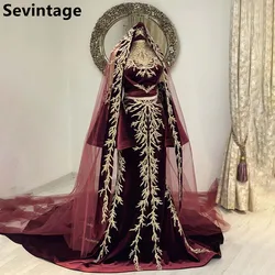 Sevintage Burgundy Mermaid Caftan Evening Dress Arabic Long Flare Sleeve Prom Gowns Appliques Lace Algerian Outfit Customized