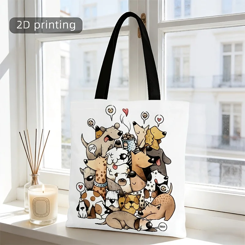 Hand Drawn Stacked Cute Dogs Canvas Tote Bag Cartoon Pet Dogs With Heart Balloon Print Handbag Shoulder Bag Gift For Dog Lovers